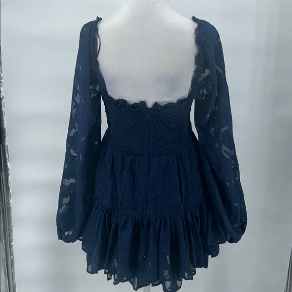 Altar'd State Clairyn Tiered Square Neck Ruffle Long-Sleeve Mini Dress Navy XS - Picture 5 of 13